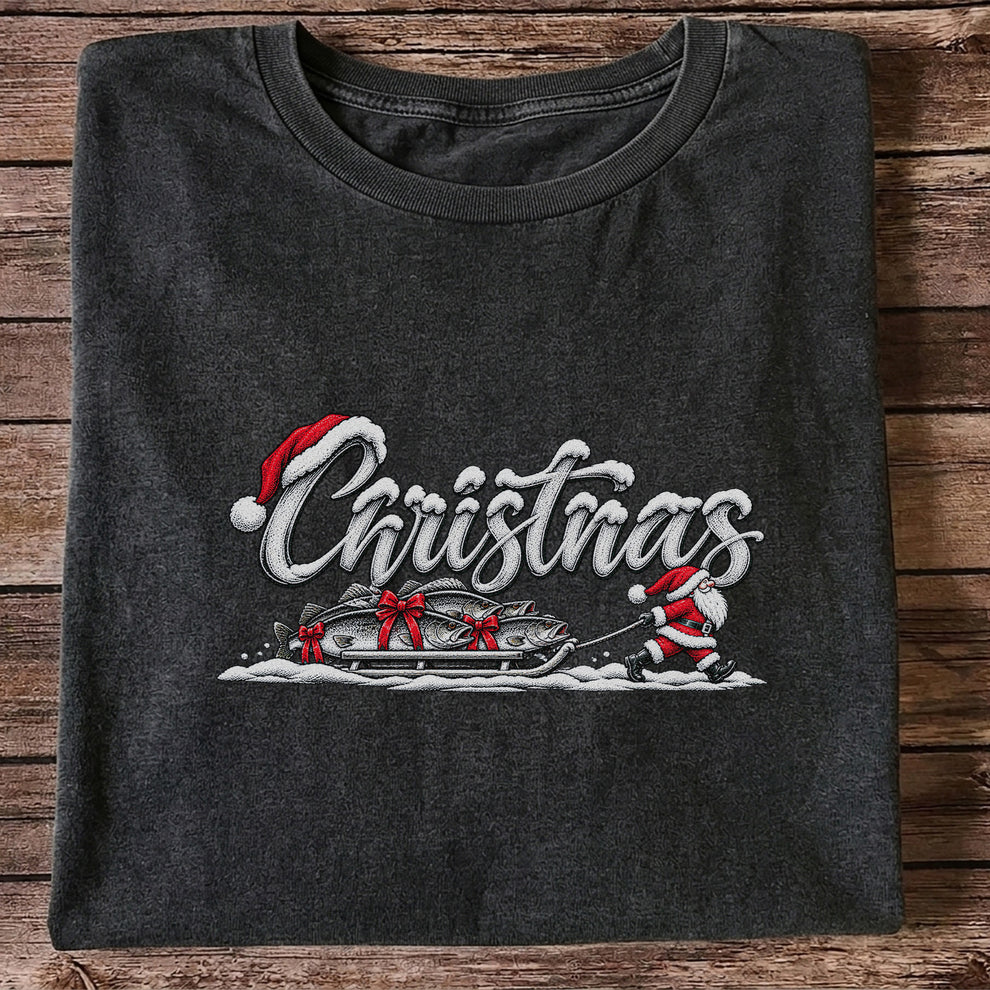 Christmas Santa Pulling Trout Fishing Sled Graphic T-Shirt