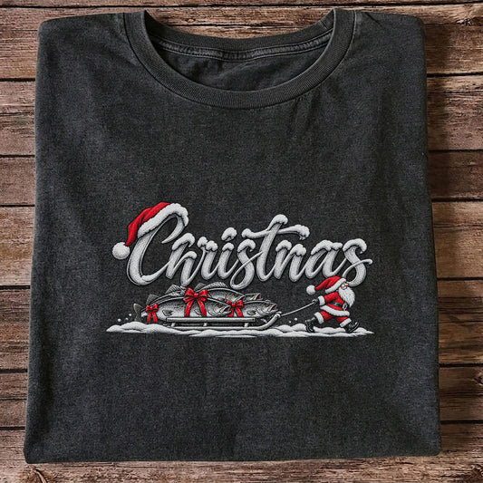 Christmas Santa Pulling Trout Fishing Sled Graphic T-Shirt