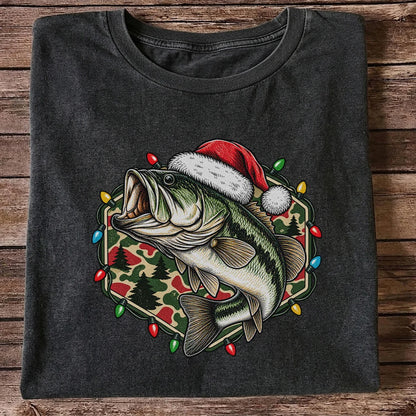 Santa Hat Largemouth Bass Christmas Fishing Graphic T-Shirt