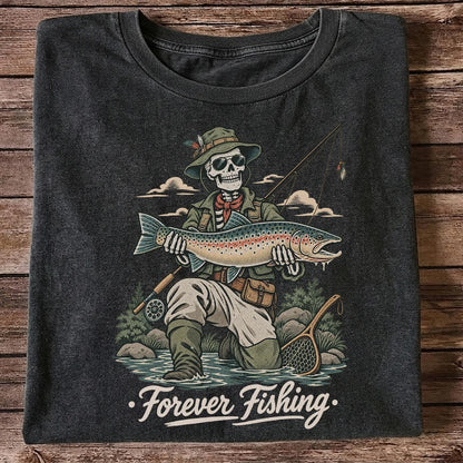 Forever Fishing Skeleton Angler with Rainbow Trout Graphic T-Shirt