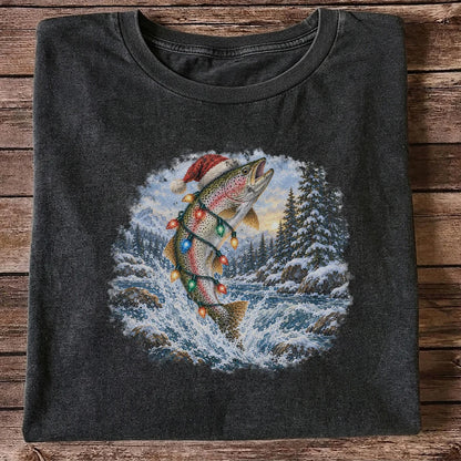 Santa Rainbow Trout with Christmas Lights Fishing T-Shirt