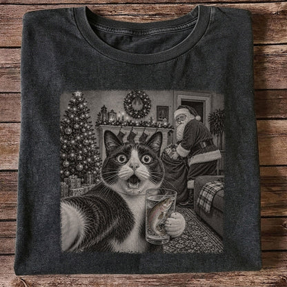 Christmas Cat Holding a Fish Mug Holiday Graphic T-Shirt