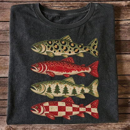 Four Seasonal Trout Patterns Christmas Fishing Graphic T-Shirt