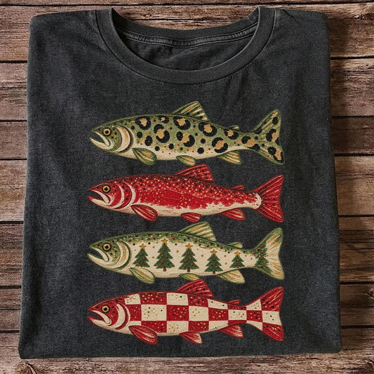 Four Seasonal Trout Patterns Christmas Fishing Graphic T-Shirt
