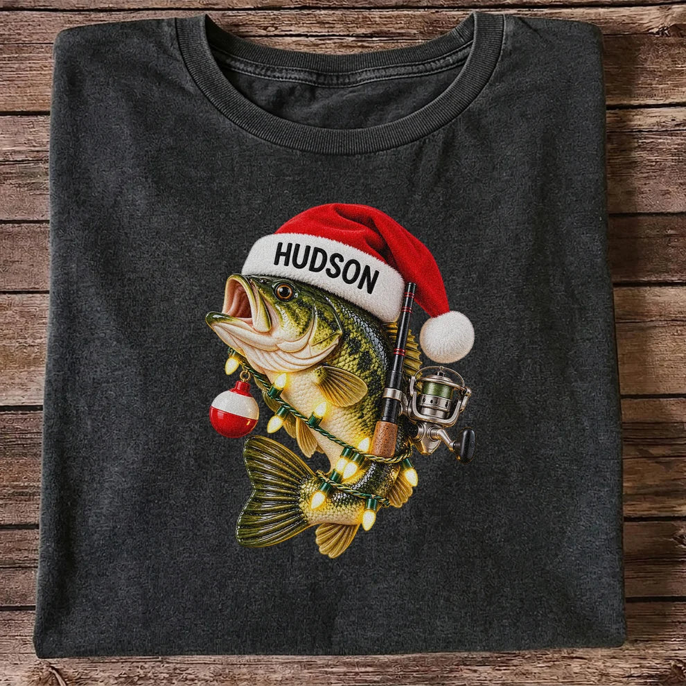 Hudson Santa Hat Bass Christmas Fishing Graphic T-Shirt