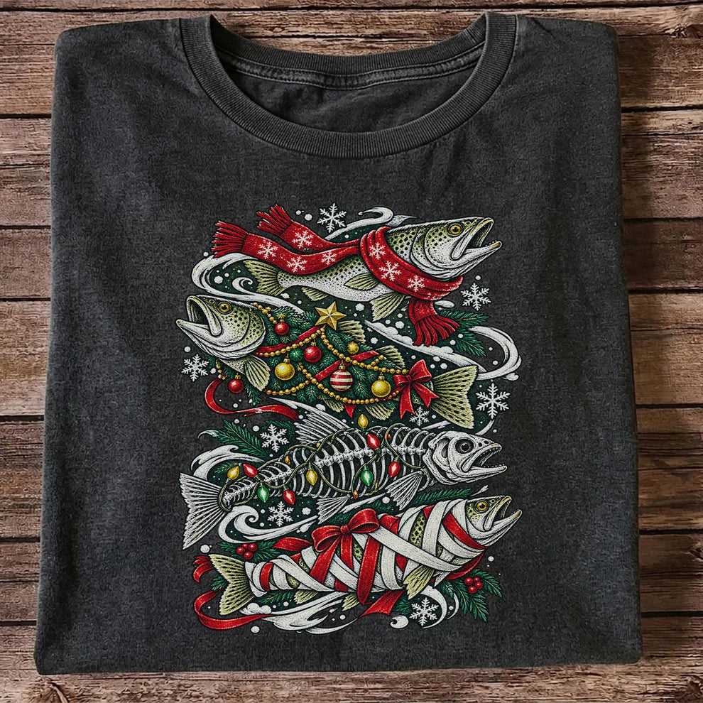Christmas Trout and Fish Skeleton Holiday Fishing T-Shirt