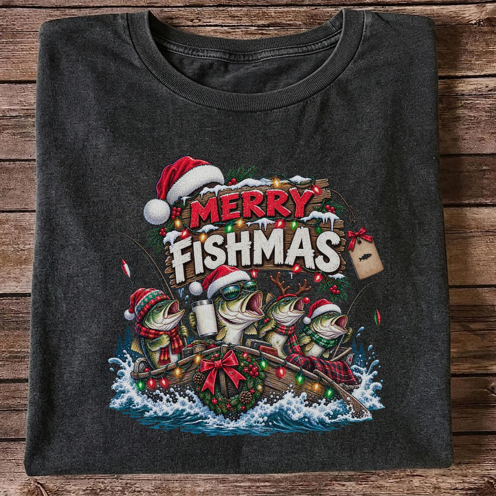 Merry Fishmas Christmas Bass in a Fishing Boat Graphic T-Shirt
