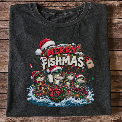 Merry Fishmas Christmas Bass in a Fishing Boat Graphic T-Shirt
