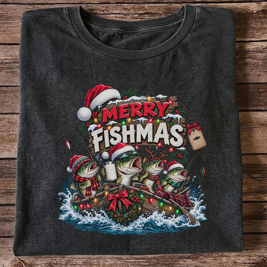 Merry Fishmas Christmas Bass in a Fishing Boat Graphic T-Shirt