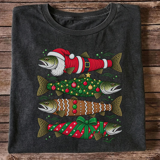 Christmas Trout Santa Tree and Gift Wrap Fishing T-Shirt