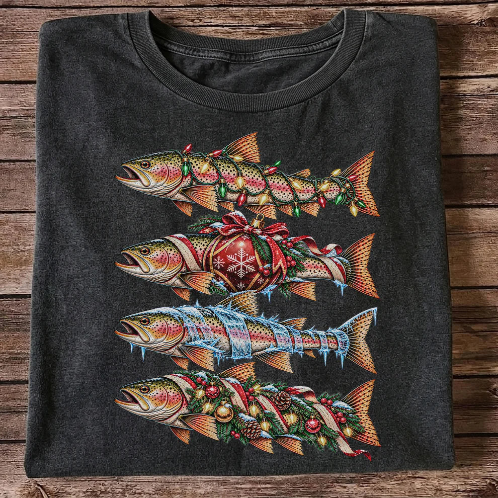 Christmas Rainbow Trout with Holiday Lights Fishing Graphic T-Shirt