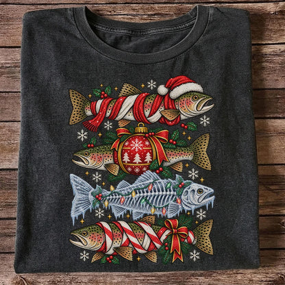 Christmas Rainbow Trout and Fish Skeleton Fishing Graphic T-Shirt