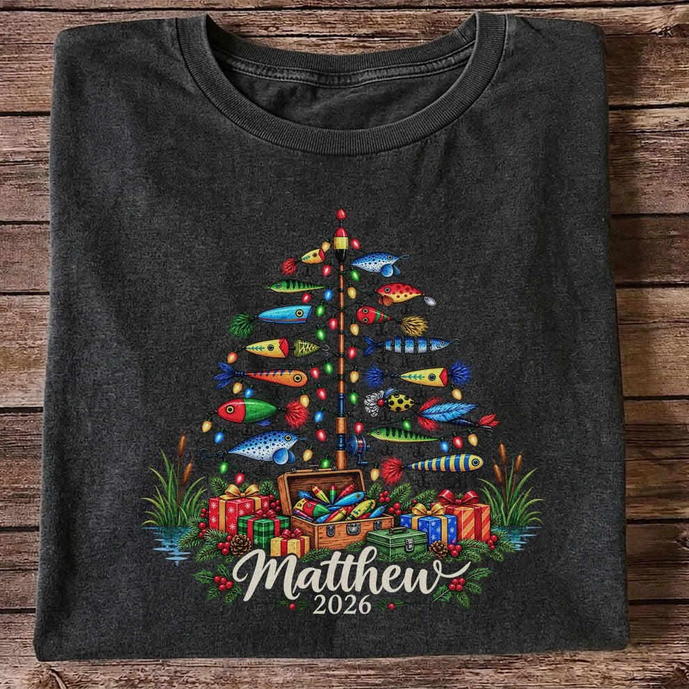 Personalized Christmas Fishing Lure Tree Name Graphic T-Shirt