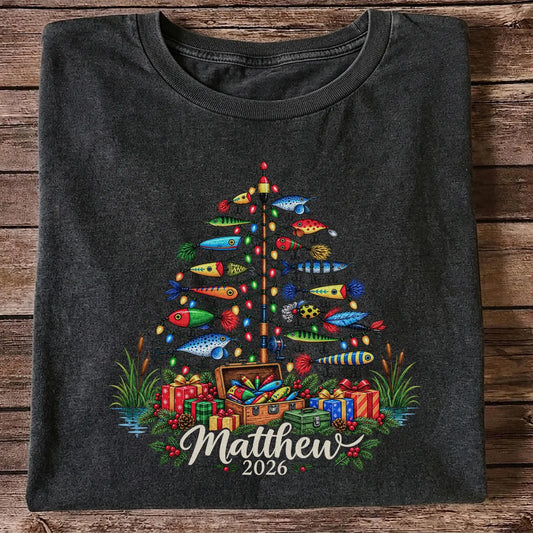 Personalized Christmas Fishing Lure Tree Name Graphic T-Shirt