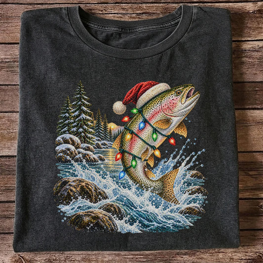 Santa Hat Rainbow Trout Christmas Fishing Graphic T-Shirt