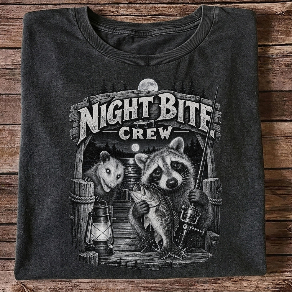 Night Bite Crew Raccoon and Bass Fishing Graphic T-Shirt