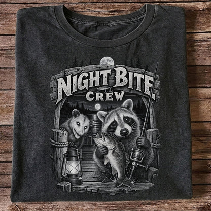 Night Bite Crew Raccoon and Bass Fishing Graphic T-Shirt