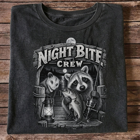 Night Bite Crew Raccoon and Bass Fishing Graphic T-Shirt