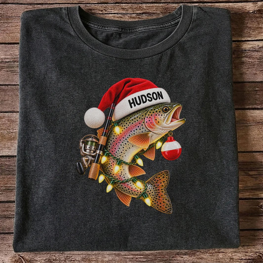 Hudson Santa Hat Rainbow Trout Christmas Fishing T-Shirt