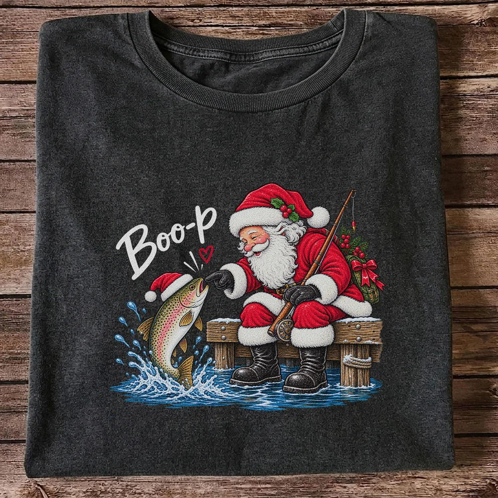 Santa Fishing for Rainbow Trout Christmas Graphic T-Shirt