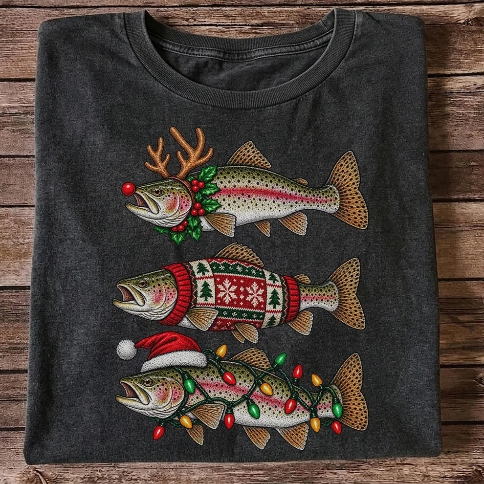 Christmas Trout Antlers Sweater and Lights Fishing T-Shirt