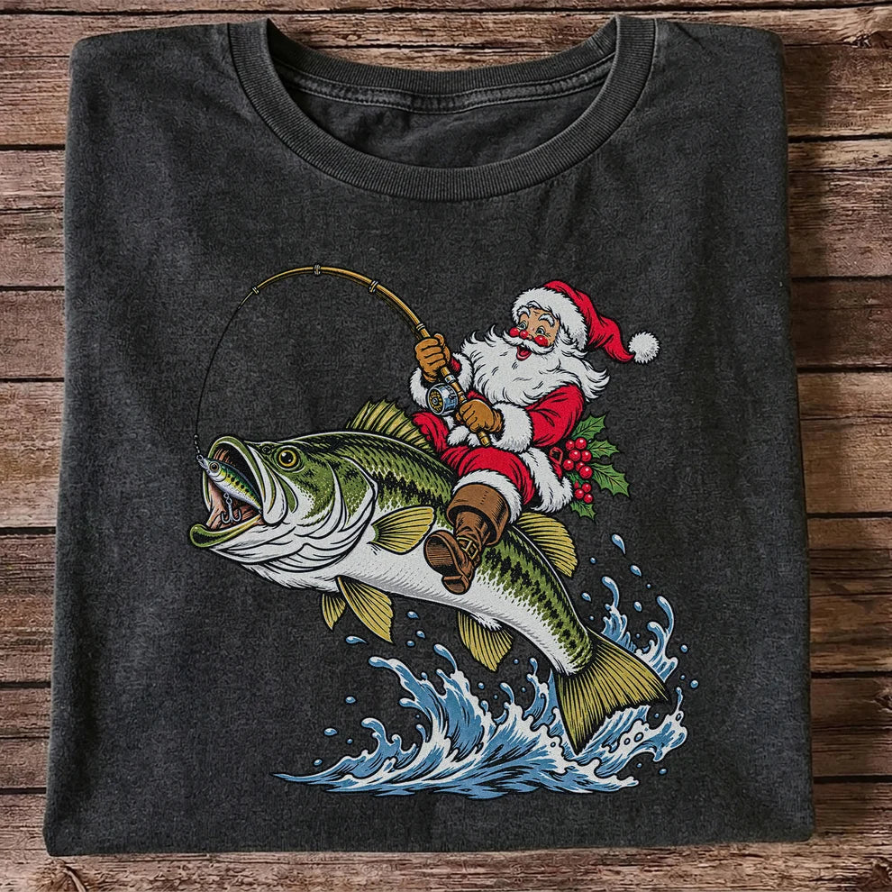 Santa Claus Riding a Bass Christmas Fishing Graphic T-Shirt