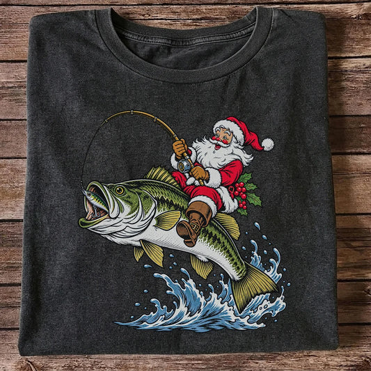 Santa Claus Riding a Bass Christmas Fishing Graphic T-Shirt