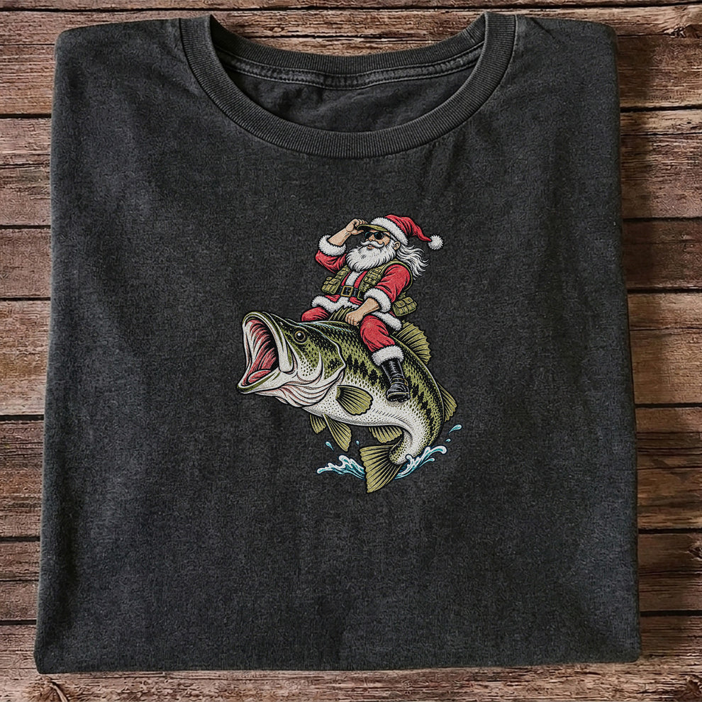 Santa Riding Largemouth Bass Christmas Fishing Graphic T-Shirt