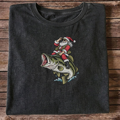 Santa Riding Largemouth Bass Christmas Fishing Graphic T-Shirt