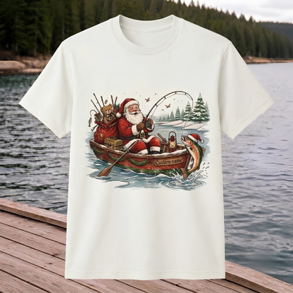 Personalized Christmas Fishing Shirt, Santa Fishing T-Shirt, Funny Fisherman Christmas Gift for Dad