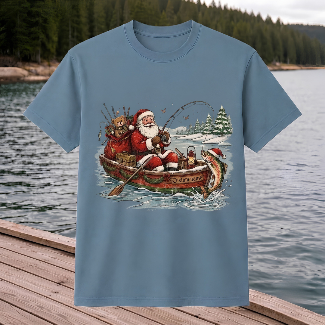 Personalized Christmas Fishing Shirt, Santa Fishing T-Shirt, Funny Fisherman Christmas Gift for Dad