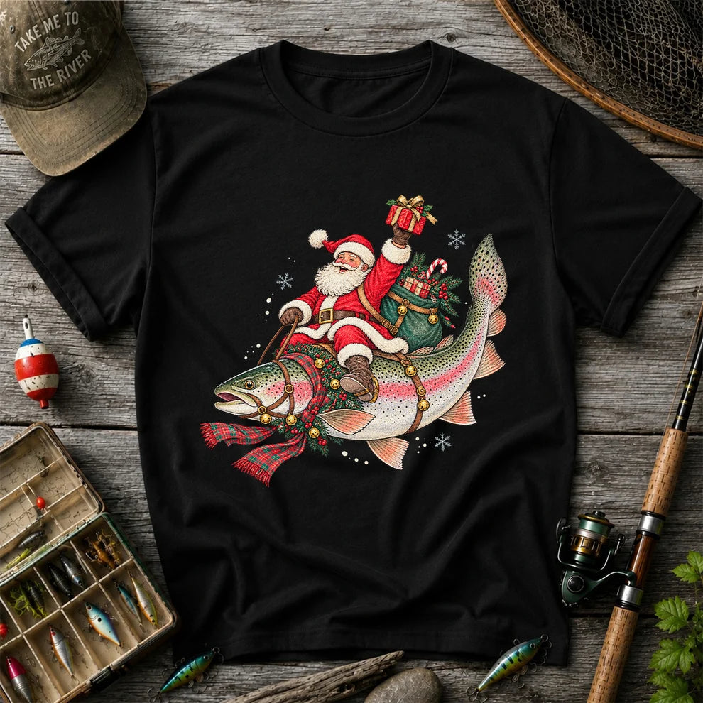 Santa Riding a Festive Rainbow Trout Christmas Fishing Graphic T-Shirt