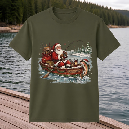 Personalized Christmas Fishing Shirt, Santa Fishing T-Shirt, Funny Fisherman Christmas Gift for Dad