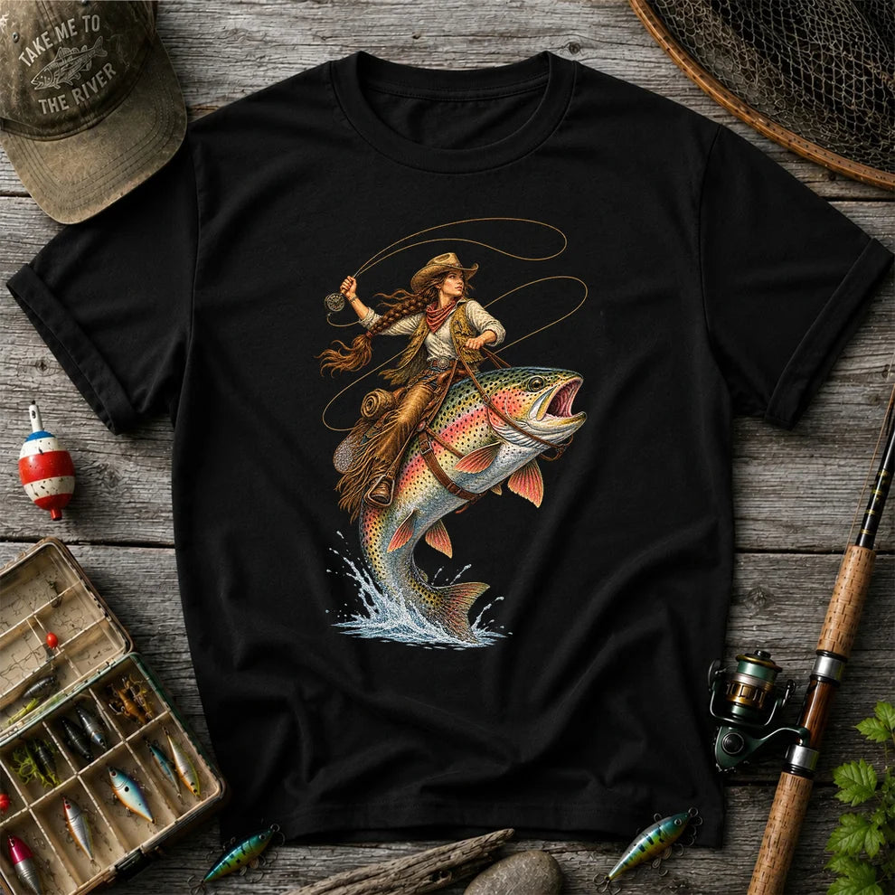 Western Cowgirl Riding a Rainbow Trout Fly Fishing Graphic T-Shirt