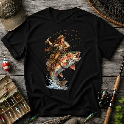 Western Cowgirl Riding a Rainbow Trout Fly Fishing Graphic T-Shirt