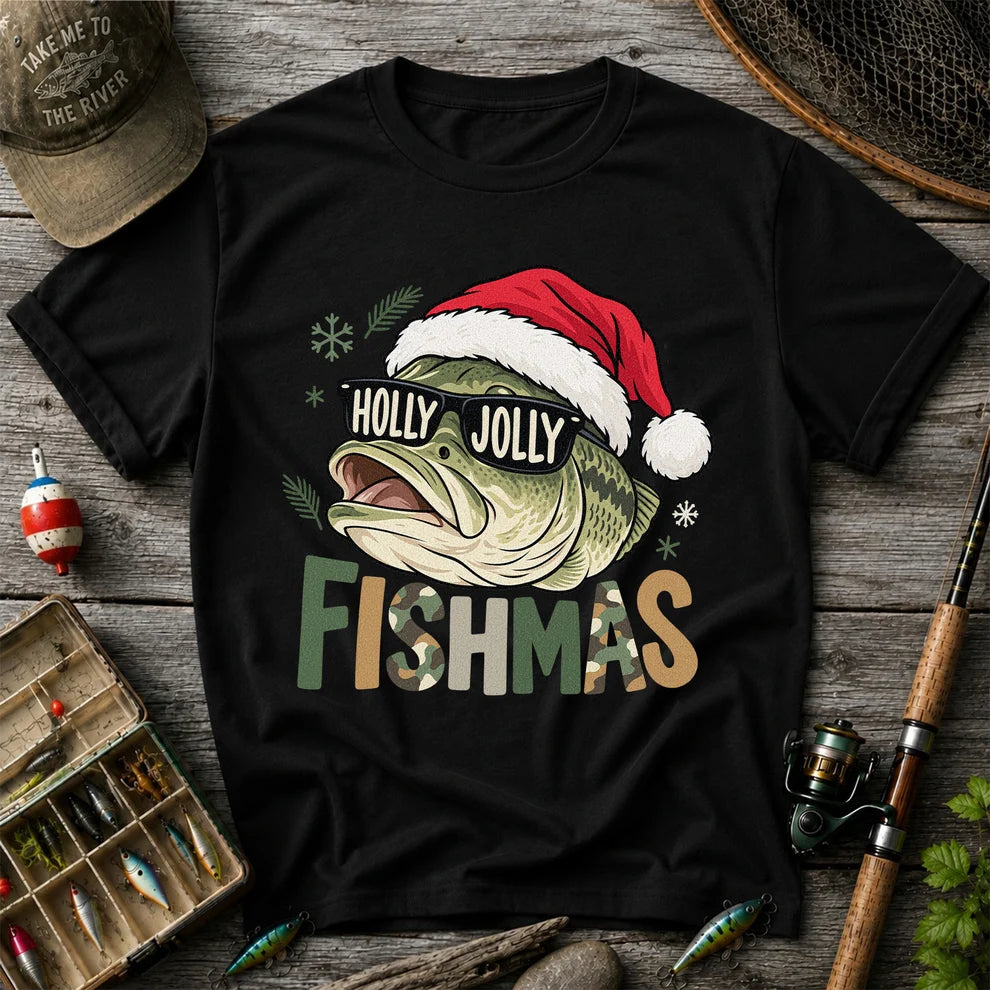 Bass Wearing Santa Hat and Holiday Glasses Fishing Graphic T-Shirt