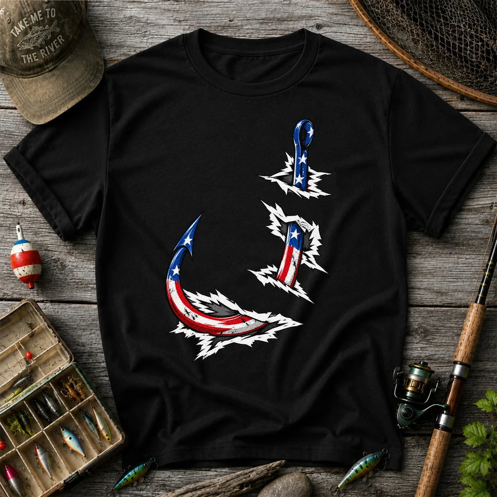 Patriotic American Flag Fishing Hooks Graphic T-Shirt