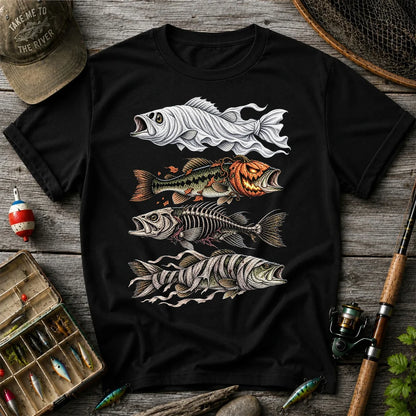 Halloween Bass Ghost Pumpkin Skeleton and Mummy Fish Graphic T-Shirt