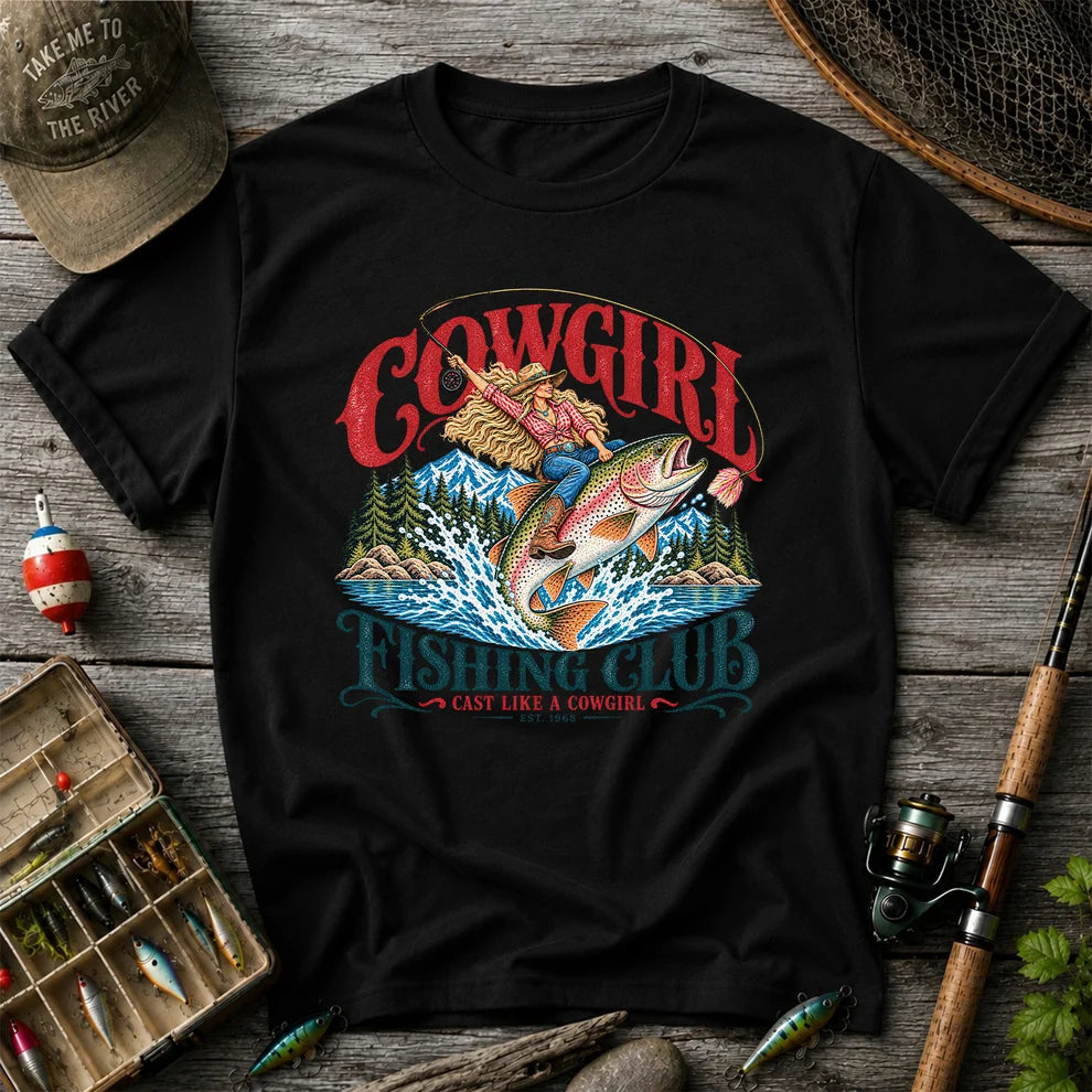 Cowgirl Riding Trout Fishing Club Graphic T-Shirt