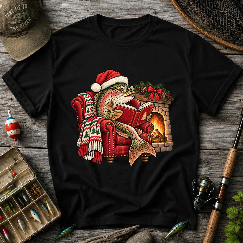 Christmas Trout Reading by the Fireplace Fishing T-Shirt
