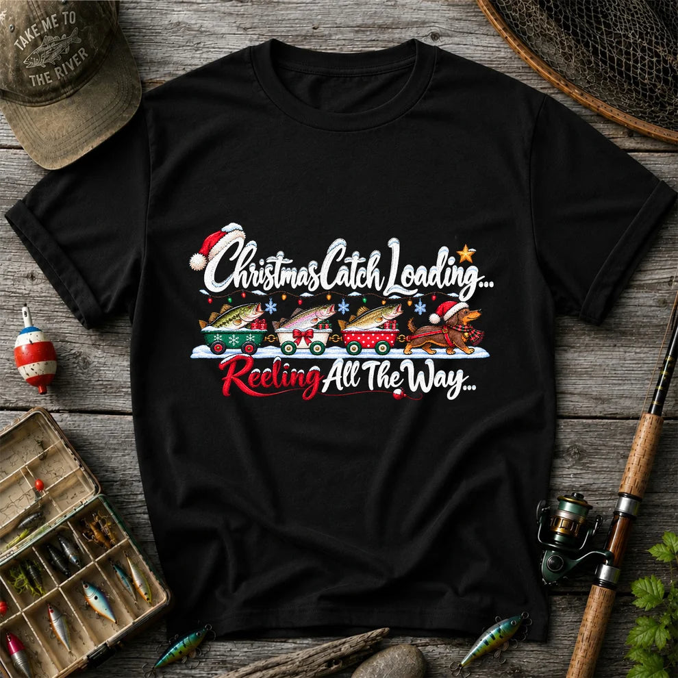 Christmas Fishing Train with Trout and Dog Graphic T-Shirt