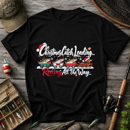 Christmas Fishing Train with Trout and Dog Graphic T-Shirt