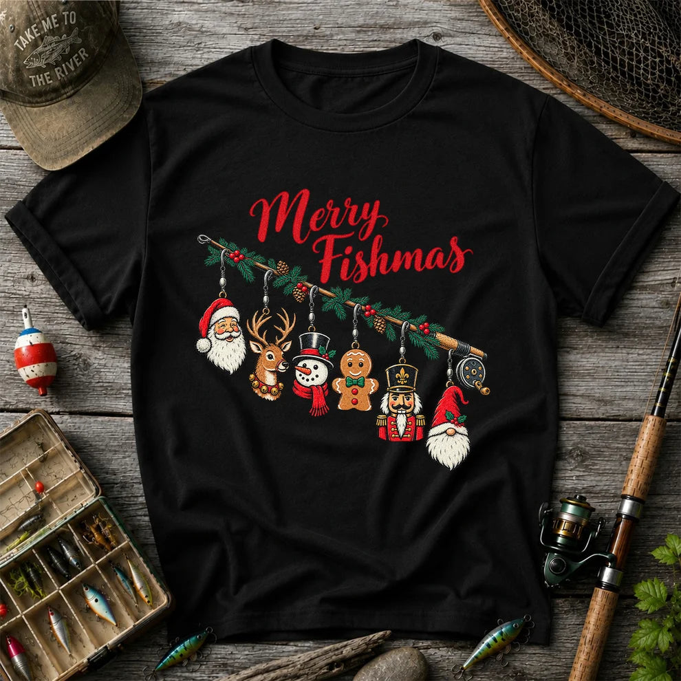 Christmas Fishing Rod Ornaments Holiday Graphic T-Shirt