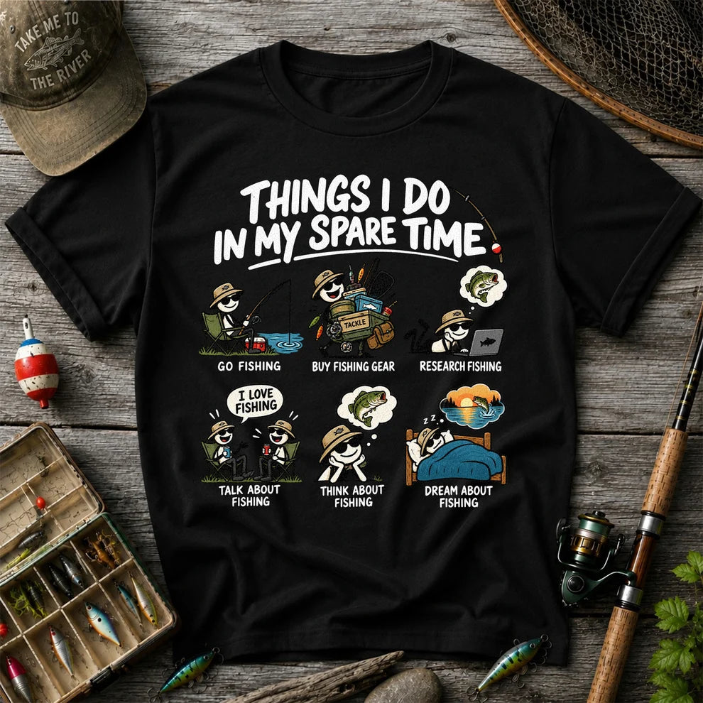 Things I Do in My Spare Time Funny Cartoon Angler Fishing T-Shirt