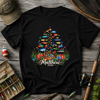 Personalized Christmas Fishing Lure Tree Name Graphic T-Shirt