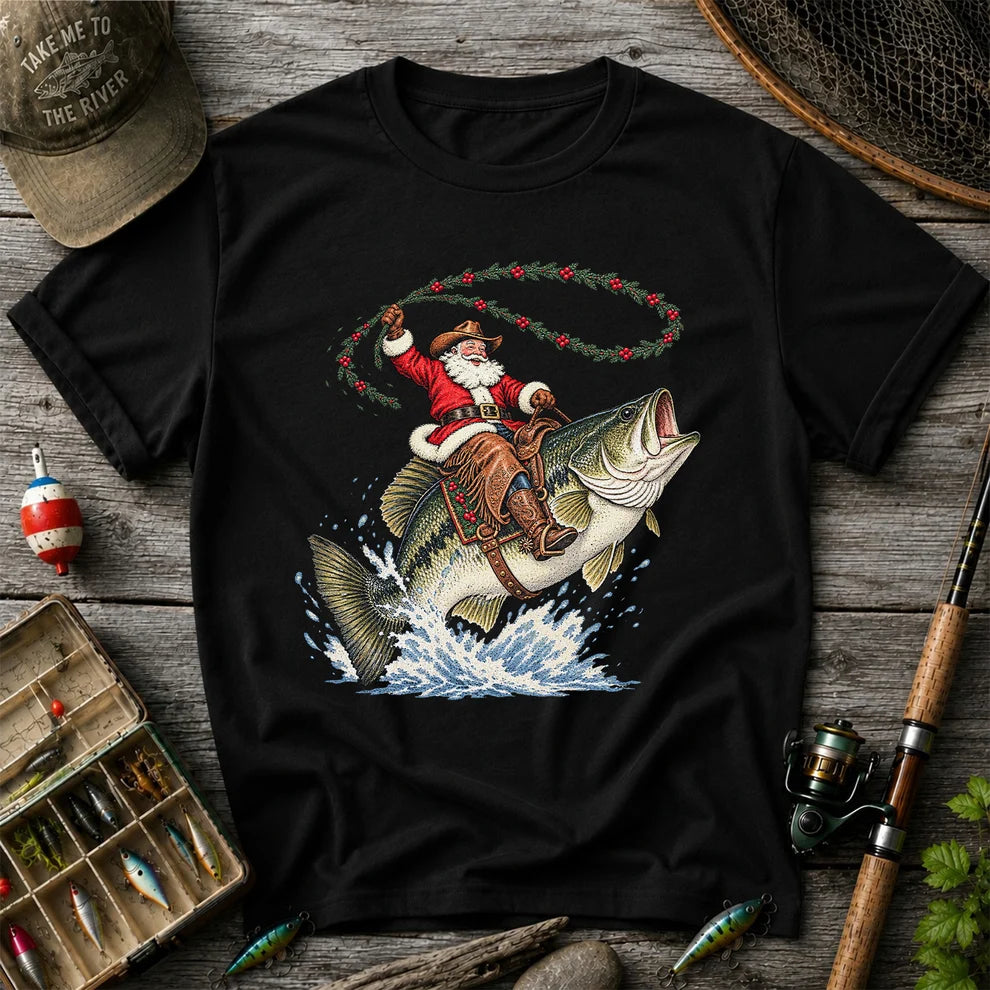 Cowboy Santa Riding a Jumping Bass Christmas Fishing Graphic T-Shirt