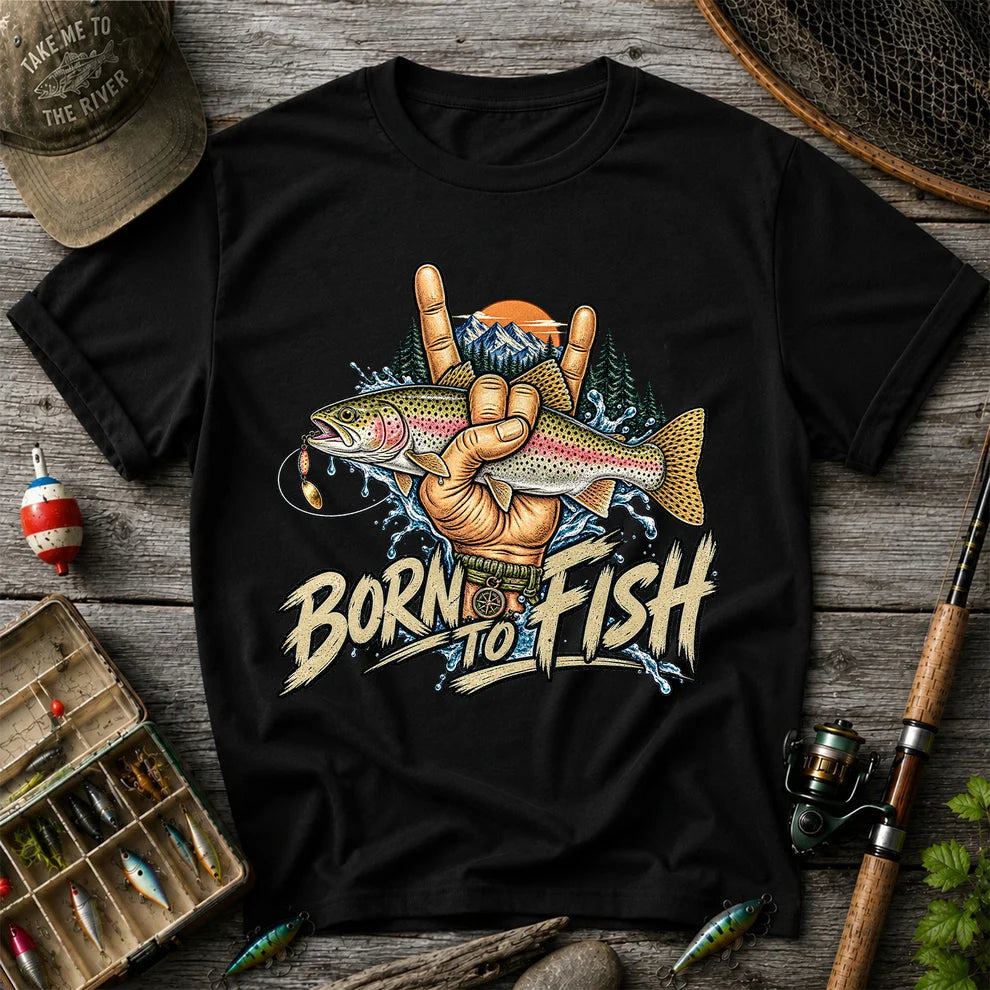 Born to Fish Rainbow Trout Rock Hand Sign Fishing T-Shirt