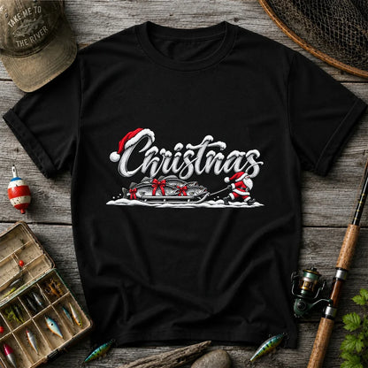 Christmas Santa Pulling Trout Fishing Sled Graphic T-Shirt