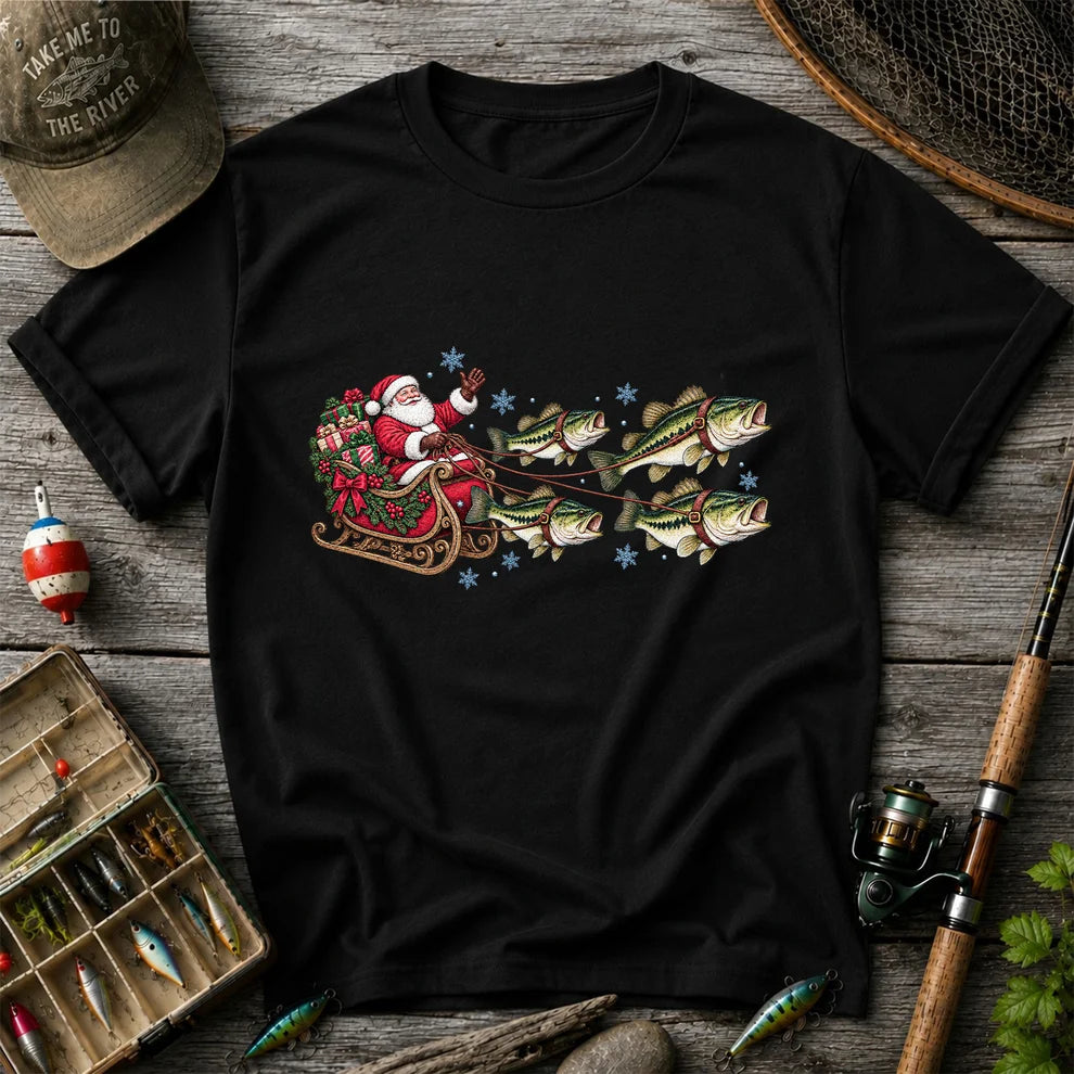 Santa in a Sleigh Pulled by Bass Christmas Fishing Graphic T-Shirt