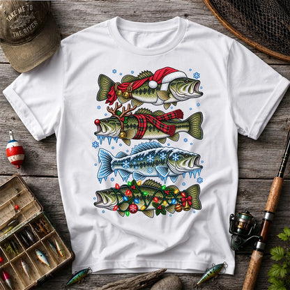 Christmas Bass with Santa Hat and Holiday Lights Fishing T-Shirt